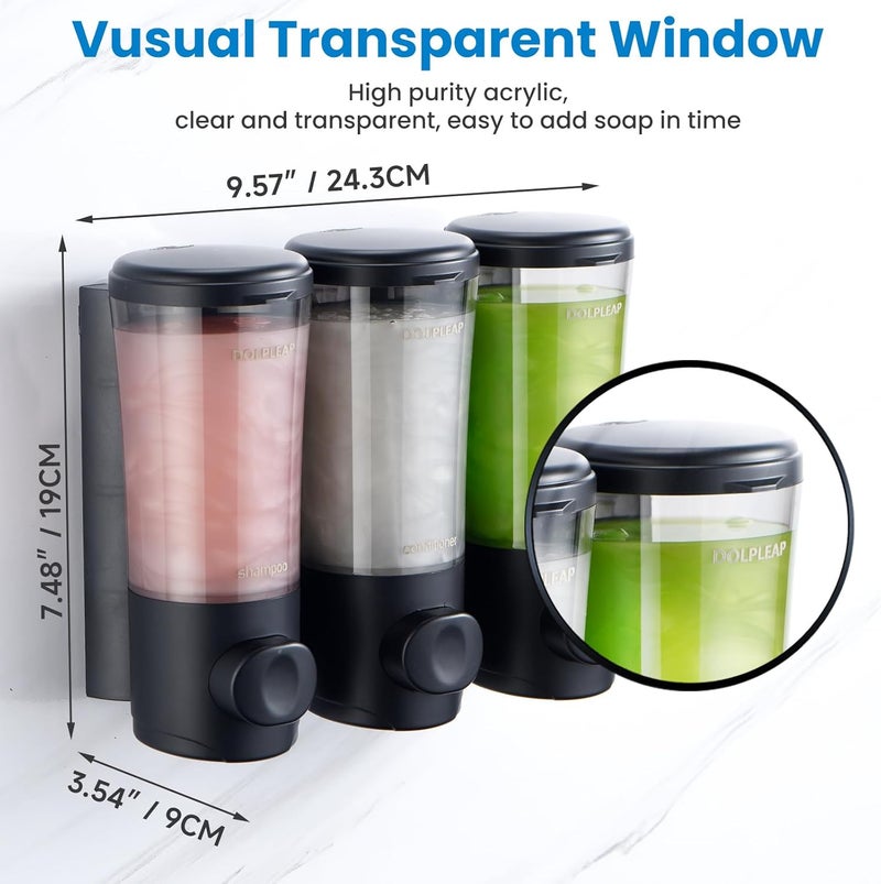 DOLPLEAP Shampoo Conditioner Body Wash Dispenser No Drill Shower Soap Dispenser Wall Mounted Shampoo Dispenser 3 Chamber with Upgrade Pump Head Bathroom Soap Dispenser 450ml/Each Black - Image 3